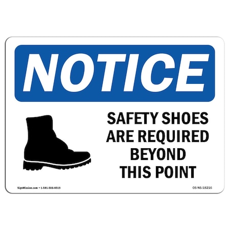 Signmission OSHA Sign, Safety Shoes Are Required Beyond With Symbol, 7in X 5in Decal, 7" W, 5" H, Landscape OS-NS-D-57-L-18216
